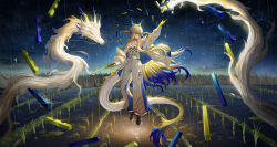 1girl absurdres aqua_eyes arknights bare_shoulders beads blonde_hair blue_hair blue_pants boots brown_footwear chinese_commentary closed_mouth commentary dragon dragon_girl dragon_horns dragon_tail earrings eastern_dragon floating full_body grey_hair hair_between_eyes hair_intakes highres holding holding_sword holding_weapon horns jacket jewelry light_smile long_hair long_sleeves looking_at_viewer magic multicolored_hair necklace night off_shoulder outdoors outstretched_arm pants plant pointy_ears rain rice_(plant) rice_paddy shu_(arknights) solo star_(sky) strapless sword tail the_horse. tube_top very_long_hair water weapon white_jacket white_pants white_tube_top