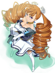 Rule 34 | 1girl, ahoge, aq interactive, arcana heart, arcana heart 2, atlus, blush, breasts, brown hair, cleavage, dress, drill hair, dual wielding, earrings, elbow gloves, examu, gloves, gun, hands on own hips, holding, jewelry, large breasts, ldl, long hair, necklace, petra johanna lagerkvist, purple eyes, solo, thighhighs, trigger discipline, weapon