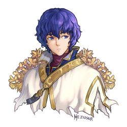Rule 34 | 1boy, artist name, blue eyes, blue hair, cape, fire emblem, fire emblem: radiant dawn, hair between eyes, high collar, looking to the side, male focus, meziosaur, nintendo, parted lips, pelleas (fire emblem), short hair, signature, simple background, solo, upper body, white background, white cape