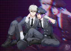 Rule 34 | 2boys, arm around neck, belt, black belt, black necktie, blue lock, boots, brown eyes, buttons, closed mouth, collared shirt, gloves, grey headwear, hair between eyes, halu-ca, hat, highres, lapels, long sleeves, male focus, mikage reo, military, military hat, military uniform, multiple boys, nagi seishirou, necktie, notched lapels, purple eyes, purple hair, shirt, shoelaces, short hair, signature, sitting, tongue, tongue out, uniform, white gloves, white hair