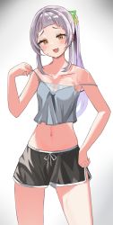 Rule 34 | 1girl, :d, bare shoulders, blush, breasts, fangs, hair ornament, hand on own hip, highres, hololive, long hair, looking at viewer, midriff, murasaki shion, navel, open mouth, orange eyes, purple hair, shorts, side ponytail, small breasts, smile, solo, sweat, virtual youtuber, youyoukai