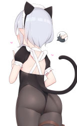 Rule 34 | 1girl, absurdres, alternate costume, animal ears, arapi, ass, black leotard, black pantyhose, cat ears, cat tail, commentary request, cowboy shot, detached collar, detached sleeves, enmaided, from behind, from below, highres, kittysuit, kokkoro (princess connect!), leotard, maid, maid headdress, nontraditional playboy bunny, pantyhose, pointy ears, princess connect!, puffy sleeves, short sleeves, silver hair, simple background, solo, strapless, strapless leotard, tail, white background, wrist cuffs