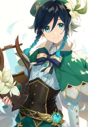 Rule 34 | 1boy, aqua hair, asahikawa hiyori, belt, black hair, braid, capelet, collared capelet, commentary, flower, genshin impact, gradient hair, green capelet, green eyes, green hat, hat, hat flower, holding, holding instrument, instrument, long sleeves, looking at viewer, lyre, male focus, multicolored hair, puffy sleeves, simple background, smile, solo, twin braids, upper body, venti (genshin impact), vision (genshin impact), white background, white flower