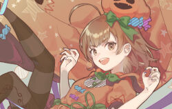 Rule 34 | 1girl, arms up, black pantyhose, bow, candy, cape, child, claw pose, close-up, dress, fingernails, floating, food, food-themed hair ornament, green bow, green ribbon, hair ornament, halloween, halloween costume, jumping, lace trim, last order (toaru majutsu no index), legs up, looking at viewer, medium hair, nail polish, open mouth, orange cape, orange dress, pantyhose, patterned background, portrait, puffy short sleeves, puffy sleeves, pumpkin costume, pumpkin hair ornament, ribbon, short dress, short sleeves, smile, solo, solo focus, star (symbol), striped clothes, striped pantyhose, tautiki, teeth, toaru majutsu no index, upper teeth only