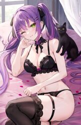 Rule 34 | 1girl, alternate costume, aria (ariacue), barbell piercing, bed sheet, black bra, black cat, black choker, black panties, black ribbon, black thighhighs, blush, bra, breasts, cat, choker, collarbone, commentary, demon girl, ear piercing, feet out of frame, green eyes, hair ribbon, highres, hololive, indoors, industrial piercing, lace, lace-trimmed thighhighs, lace bra, lace choker, lace panties, long hair, looking at viewer, medium breasts, navel, on bed, one eye closed, panties, parted lips, piercing, pillow, ribbon, smile, solo, spiked ear piercing, tail, thighhighs, tokoyami towa, twintails, underwear, underwear only, very long hair, virtual youtuber, window