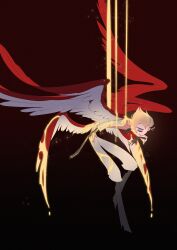 1boy absurdres blonde_hair closed_eyes feathered_wings fine-x0356 gold_blood hair_slicked_back hazbin_hotel highres lucifer_morningstar_(dc) lucifer_morningstar_(hazbin_hotel) multiple_wings pants solo white_pants wings