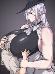 Rule 34 | 1boy, 1girl, abc.@123, absurdres, age difference, arknights, artist request, between breasts, grabbing another&#039;s breast, breasts, cleavage, face between breasts, gladiia (arknights), grabbing, hat, head between breasts, highres, huge breasts, long hair, silver hair, smile