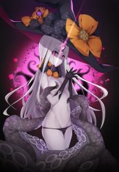 Rule 34 | 1girl, abigail williams (fate), abigail williams (third ascension) (fate), bad id, bad pixiv id, black bow, black gloves, black hat, black panties, bow, commentary request, elbow gloves, fate/grand order, fate (series), gloves, glowing, groin, hands up, hat, hat bow, head tilt, highres, long hair, orange bow, own hands together, pale skin, panties, parted bangs, parted lips, polka dot, polka dot bow, purple eyes, revealing clothes, silver hair, solo, suction cups, tentacles, topless, torii vita asayoru, underwear, very long hair, witch hat