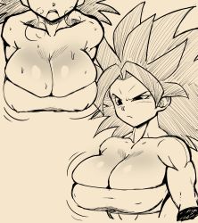 Rule 34 | absurdres, black eyes, breasts, breath, caulifla, dragon ball, dragon ball super, heavy breathing, highres, large breasts, monochrome, muscular, muscular female, open mouth, strapless, sweat, tube top