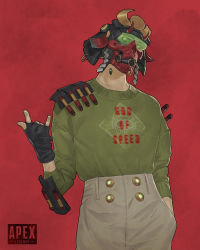 Rule 34 | 1boy, absurdres, apex legends, black gloves, ching yeh, copyright name, fingerless gloves, gas mask, gloves, green shirt, hand in pocket, helmet, highres, looking at viewer, male focus, mask, octane (apex legends), red background, shirt, solo, standing, sweater, tinted eyewear