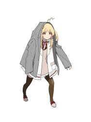 Rule 34 | blonde hair, blush, borrowed clothes, brown dress, brown thighhighs, coat, coat on head, commentary, dress, embarrassed, grey coat, highres, hiodoshi ao, hololive, hololive dev is, jacket, kiyama g, long hair, neck ribbon, one side up, otonose kanade, oversized clothes, red eyes, ribbon, simple background, symbol-only commentary, thighhighs, v-shaped eyebrows, virtual youtuber, white background, white jacket, zettai ryouiki