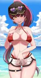Rule 34 | 1girl, absurdres, baseball cap, beach, bikini, bikini under shorts, black hat, blue sky, breasts, cloud, earrings, eyewear on head, gold earrings, gold necklace, hakuou0714, hand on own chest, hat, heart, heart-shaped eyewear, heart earrings, heart necklace, heterochromia, high ponytail, highres, hololive, houshou marine, houshou marine (summer), jewelry, large breasts, long hair, navel, necklace, o-ring, o-ring thigh strap, open mouth, red bikini, red eyes, red hair, sand, short shorts, shorts, sky, smile, solo, sunglasses, swimsuit, thigh strap, virtual youtuber, water, white shorts, yellow eyes