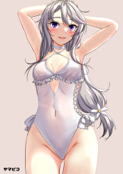 Rule 34 | 1girl, absurdres, anchor ornament, blush, casual one-piece swimsuit, choker, covered navel, cross-laced clothes, cross-laced one-piece swimsuit, cutout above navel, flower, frilled one-piece swimsuit, frills, gradient background, grey background, grey hair, grey ribbon, highleg, highleg swimsuit, highres, kantai collection, long hair, looking at viewer, mizuki (uzuki no sato), official alternate costume, one-piece swimsuit, open mouth, purple eyes, sagiri (kancolle), see-through, smile, solo, swimsuit, thighs, white choker, white one-piece swimsuit