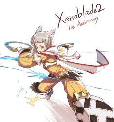 Rule 34 | 1girl, animal ears, blunt bangs, blush, bodysuit, cat ears, gloves, highres, looking at viewer, nia (xenoblade), nintendo, open mouth, short hair, silver hair, simple background, smile, solo, tugo, white gloves, xenoblade chronicles (series), xenoblade chronicles 2, yellow eyes