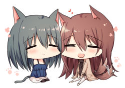 Rule 34 | 2girls, :d, = =, afterimage, animal ears, bare shoulders, barefoot, black legwear, blue shirt, brown hair, brown jacket, brown sweater, cat ears, cat girl, cat tail, chibi, closed eyes, closed mouth, dog ears, dog girl, dog tail, hair between eyes, heart, jacket, kinona, long hair, long sleeves, multiple girls, no shoes, off-shoulder shirt, off shoulder, open clothes, open jacket, open mouth, original, pants, pantyhose, ribbed sweater, shirt, simple background, sitting, skirt, smile, sweater, tail, tail wagging, turtleneck, turtleneck sweater, very long hair, white background, white pants, white skirt, yuri