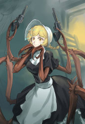 Rule 34 | 1girl, apron, arthropod girl, black dress, blonde hair, cliffside, cordie (cliffside), dress, gun, hands up, hat, holding, holding gun, holding weapon, insect girl, long hair, monster girl, pd (seripanda), shadow, short sleeves, smile, solo, spider girl, twintails, weapon, white apron, white hat, yellow eyes