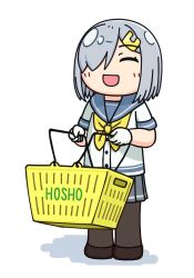 Rule 34 | 1girl, basket, black pantyhose, blue sailor collar, blush, brown footwear, commentary request, english text, closed eyes, gloves, grey skirt, hair ornament, hair over one eye, hairclip, hama! (3toshinhmkz), hamakaze (kancolle), holding, kantai collection, neckerchief, open mouth, pantyhose, pleated skirt, sailor collar, school uniform, shirt, shoes, short hair, silver hair, simple background, skirt, smile, solo, uniform, white background, white gloves, white shirt, yellow neckerchief