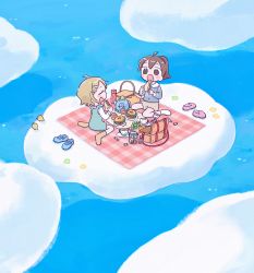 Rule 34 | 1nupool, 2girls, absurdres, ahoge, bird, blonde hair, blush stickers, brown eyes, brown hair, chick, cloud, commentary, eating, floating, food, fruit, grapes, highres, holding, holding food, muffin, multiple girls, ocean, original, picnic, picnic basket, ponytail, sandwich, shoes, unworn shoes, short hair, sitting, thermos, wariza
