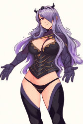 Rule 34 | 1girl, absurdres, artist name, between breasts, bodice, breasts, camilla (fire emblem), capelet, cleavage, commentary, english commentary, fake horns, fire emblem, fire emblem fates, gloves, hair ornament, hair over one eye, highres, horns, large breasts, long hair, long sleeves, looking at viewer, nintendo, open mouth, panties, purple eyes, purple hair, raichiyo33, shiny skin, signature, simple background, smile, solo, teeth, thighhighs, thighs, underwear, upper teeth only, white background