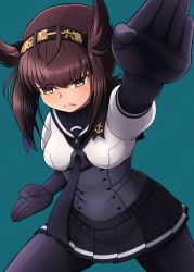 Rule 34 | 1girl, anchor symbol, arm up, black bodysuit, black headband, black neckerchief, black sailor collar, bodysuit, breasts, brown hair, clothes writing, corset, cowboy shot, eyebrows hidden by hair, fighting stance, green background, hachimaki, hair between eyes, hair flaps, hairband, hatsuzuki (kancolle), headband, highres, jougenmushi, kantai collection, neckerchief, sailor collar, school uniform, serafuku, short hair, simple background, small breasts, solo, yellow eyes