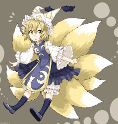 Rule 34 | 1girl, adapted costume, alternate costume, animal ears, animal hat, blonde hair, bloomers, blue socks, dress, egret, fox ears, fox tail, full body, hat, highres, kneehighs, long sleeves, looking at viewer, mob cap, multiple tails, open mouth, outstretched arms, mob cap, shoes, short hair, smile, socks, solo, tabard, tail, tassel, touhou, turtleneck, twitter username, underwear, wide sleeves, yakumo ran, yellow eyes