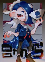 Rule 34 | 1girl, absurdres, black pants, black socks, blue hair, cephalopod eyes, chest sarashi, closed mouth, collarbone, colored skin, earrings, end (7 d w), eyeliner, fang, fang out, folding fan, glint, gradient hair, gradient skin, groin, hachimaki, hair over one eye, hand fan, headband, highres, holding, holding fan, horizontal pupils, jewelry, long hair, lowleg, lowleg pants, makeup, multicolored hair, multicolored skin, multiple earrings, navel, nejiri hachimaki, nintendo, octoling, pants, poncho, red eyeliner, red eyes, red footwear, red hair, red skin, sarashi, see-through, shiver (splatoon), smile, socks, solo, sparkle, splatoon (series), splatoon 3, standing, suction cups, tabi, tentacle hair, twitter username, two-tone skin