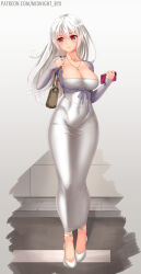 Rule 34 | 1girl, bag, blush, breasts, cleavage, collarbone, covered navel, dongtan dress, dress, full body, handbag, highres, holding, large breasts, long hair, long sleeves, meme attire, midnight (banyex), original, pencil dress, red eyes, solo, taut clothes, taut dress, tight clothes, tight dress, white dress, white hair