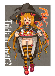 Rule 34 | 1girl, bow, candy, candy cane, food, full body, grey background, hair bow, halloween, hat, katahira masashi, lollipop, multiple hair bows, orange thighhighs, panties, pantyshot, solo, standing, striped clothes, striped thighhighs, thighhighs, trick or treat, underwear, witch hat