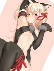 Rule 34 | 1girl, animal ears, animal hands, arm up, armpits, bare shoulders, bell, black leotard, black thighhighs, blonde hair, blush, breasts, cat ears, center opening, dangeroes beast (illya), elbow gloves, fate/kaleid liner prisma illya, fate (series), gloves, highres, illyasviel von einzbern, jingle bell, leotard, long hair, looking at viewer, maosame, navel, official alternate costume, paw gloves, red eyes, red ribbon, ribbon, small breasts, solo, thighhighs, underboob, white hair