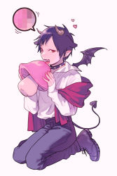 Rule 34 | 1boy, alternate costume, bad id, bad pixiv id, black hair, boots, brown eyes, censored, collar, cross-laced footwear, demon tail, demon wings, dress shirt, durarara!!, fangs, full body, heart, horns, jewelry, lace-up boots, licking, long sleeves, looking at viewer, male focus, mosaic censoring, mushroom, no eyebrows, open mouth, orihara izaya, pants, pointy ears, ring, scarf, sexually suggestive, shirt, simple background, sitting, solo, speech bubble, sue910, tail, tongue, tongue out, wariza, wings