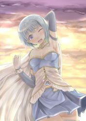 Rule 34 | 10s, 1girl, blue eyes, blue hair, breasts, cape, cleavage, elbow gloves, female focus, gloves, highres, mahou shoujo madoka magica, mahou shoujo madoka magica (anime), matching hair/eyes, midriff, miki sayaka, one eye closed, outdoors, pinky out, short hair, skirt, sky, small breasts, smile, solo, thighhighs, vicsen-u5, white thighhighs, wink