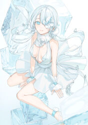 Rule 34 | 1girl, between legs, blue eyes, breasts, closed mouth, commentary request, dress, flower, gradient background, grey background, grey hair, hair flower, hair ornament, hair over one eye, hand between legs, hu kotora, ice, ice cube, long hair, looking at viewer, medium breasts, original, sandals, sleeveless, sleeveless dress, smile, solo, very long hair, white background, white dress, white flower, white footwear, wrist cuffs