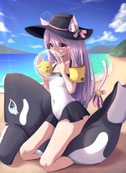 Rule 34 | 1girl, absurdres, akate, animal ear fluff, animal ears, azur lane, ball, beach, beachball, bell, black hat, black skirt, casual one-piece swimsuit, cat ears, cat girl, cat tail, cloud, covered navel, female focus, hat, highres, huge filesize, inflatable orca, inflatable toy, jingle bell, kisaragi (azur lane), kneeling, long hair, ocean, one-piece swimsuit, open mouth, outdoors, pink eyes, pink hair, ribbon, see-through, sitting, skirt, sky, solo, sun hat, swimsuit, swimsuit skirt, tail, tail ornament, tail ribbon, white one-piece swimsuit