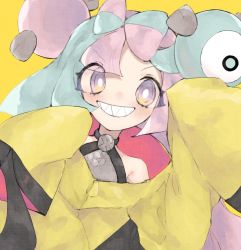 Rule 34 | 1girl, aki (aki unini), bare shoulders, black coat, blue hair, bow-shaped hair, bright pupils, character hair ornament, coat, creatures (company), dot nose, eyes visible through hair, game freak, gen 1 pokemon, grin, hair ornament, halterneck, iono (pokemon), light blue hair, long sleeves, looking at viewer, magnemite, magnet, multicolored coat, multicolored eyes, multicolored hair, nintendo, one-eyed, pink eyes, pink hair, pokemon, pokemon (creature), pokemon sv, purple eyes, ringed eyes, screw, sharp teeth, simple background, sleeves past fingers, sleeves past wrists, smile, teeth, two-tone coat, two-tone hair, v-shaped eyebrows, white pupils, yellow background, yellow coat, yellow eyes