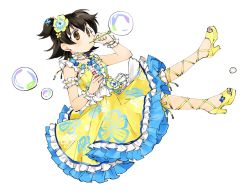 Rule 34 | 1girl, akagi miria, alternate color, black hair, brown eyes, bubble, blowing bubbles, commentary, cosplay, crossover, dot nose, dress, floating, flower, frilled dress, frills, hair flower, hair ornament, half updo, high heels, idol, idolmaster, idolmaster cinderella girls, idolmaster million live!, idolmaster million live! theater days, kitakami reika, kitakami reika (cosplay), miridereningen, short hair, short twintails, simple background, sleeveless, sleeveless dress, solo, twintails, two side up, white background, yellow dress, yellow footwear