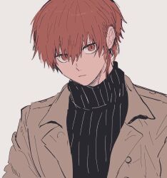 Rule 34 | 1boy, black shirt, blue lock, brown jacket, closed mouth, commentary request, grey background, highres, jacket, kurona ranze, looking at viewer, mageuchi5486, male focus, red eyes, red hair, shirt, short hair, simple background, sketch, solo, turtleneck, upper body