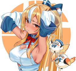 Rule 34 | 1girl, armpits, arms up, bird, blonde hair, blue bow, blush, bow, bowtie, breasts, cleavage, cleavage cutout, closed mouth, clothing cutout, commentary, dark-skinned female, dark skin, detached sleeves, dress, elfriend (shiranui flare), embarrassed, gloves, hair between eyes, hair bow, highres, hololive, large breasts, long hair, multicolored hair, orange background, ponytail, red bow, red bowtie, red eyes, shiranui flare, shiranui flare (1st costume), simple background, solo, streaked hair, sweatdrop, two-tone hair, upper body, virtual youtuber, white background, white dress, white gloves, white hair, yomosaka