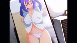 1girl animated ass_expansion bedroom blush breast_expansion breasts collared_shirt covered_erect_nipples curvy double_bun embarrassed female_focus gigantic_breasts glasses glasses_on_head glasses_removed hair_bun hair_buns huge_breasts indoors kumako_(kumakonoh) large_areolae large_nipples long_hair lying mirror moaning nipples on_back open_clothes open_shirt original panties pink_eyes plump purple_hair shirt solo sound tagme thick_thighs thighs torn_clothes torn_panties twintails unbuttoned unbuttoned_shirt underwear video wardrobe_malfunction white_shirt