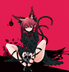 Rule 34 | 1girl, :3, animal ears, black dress, black eyes, bow, braid, cat ears, cat tail, convenient censoring, dress, extra ears, highres, kaenbyou rin, long hair, md5 mismatch, multiple tails, pointy ears, red background, red hair, red pupils, resolution mismatch, rihito (usazukin), shadow, simple background, skull, solo, source smaller, tail, touhou, twin braids