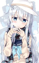 Rule 34 | 1girl, blue bow, blue bowtie, blue eyes, blue sailor collar, blush, bow, bowtie, breasts, cardigan, closed mouth, flat cap, fringe trim, hair between eyes, hammer and sickle, hat, head tilt, hibiki (kancolle), highres, kantai collection, long hair, long sleeves, looking at viewer, niruanu (nitayam), plaid, plaid scarf, sailor collar, scarf, school uniform, serafuku, silver hair, sleeves past wrists, smile, solo, steepled fingers, verniy (kancolle), very long hair, white hat