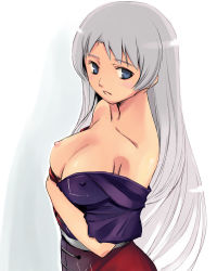 Rule 34 | 1girl, alternate hairstyle, blue eyes, breast hold, breast slip, breasts, cleavage, clothes down, collarbone, covered erect nipples, female focus, grey hair, hair down, large breasts, long hair, looking at viewer, nipples, no bra, no headwear, off shoulder, one breast out, open clothes, open mouth, open shirt, shirt, simple background, solo, standing, straight hair, touhou, very long hair, white background, yagokoro eirin, yuu (kfc)
