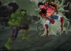 Rule 34 | 2boys, artist name, black hair, closed mouth, colored skin, crossover, fighting, fighting stance, full body, gear fourth, green skin, highres, hulk, iheartist, looking at another, marvel, monkey d. luffy, multiple boys, muscular, muscular male, one piece, open mouth, short hair, shorts, signature, topless, topless male