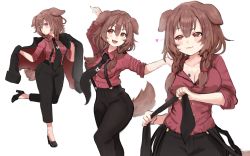 Rule 34 | 1girl, :3, :d, animal ears, black footwear, black pants, blush, braid, breasts, brown eyes, brown hair, buttons, cleavage, closed mouth, clothing cutout, commentary, dog ears, dog girl, dog tail, foxxarius, hair between eyes, heart, high heels, highres, hololive, inugami korone, large breasts, leg up, long hair, looking to the side, multiple views, necktie, open mouth, pants, red shirt, shirt, simple background, smile, symbol-only commentary, tail, tail through clothes, twin braids, unworn necktie, virtual youtuber, white background