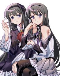 Rule 34 | 2girls, akemi homura, arm support, ascot, bags under eyes, bare shoulders, black hair, black hairband, black pantyhose, blush, closed mouth, clothing cutout, collar, collared dress, crossed legs, dress, dual persona, frilled sleeves, frills, grey skirt, hairband, hand on own cheek, hand on own face, hand up, highres, kuro miumu, layered sleeves, long hair, long sleeves, looking at viewer, magical girl, mahou shoujo madoka magica, mahou shoujo madoka magica: walpurgis no kaiten, multiple girls, open mouth, pantyhose, pleated skirt, purple dress, purple eyes, red ascot, shirt, shoulder cutout, simple background, sitting, skirt, smile, unamused, white background, white collar, white shirt, wide sleeves