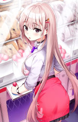 Rule 34 | 1girl, :o, black choker, black eyes, black skirt, blonde hair, blue neckwear, blush, breasts, choker, clothes around waist, collared shirt, commentary request, crane game, from above, from behind, hair ornament, hairclip, highres, large breasts, long hair, looking at viewer, looking back, original, purple eyes, purple neckwear, rangu, shirt, skirt, sleeves pushed up, standing, stuffed animal, stuffed rabbit, stuffed toy, sweater, sweater around waist, very long hair, watch, white shirt, wristwatch