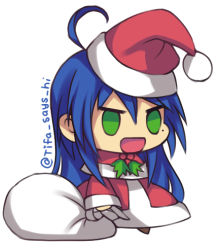 Rule 34 | 1girl, :d, ahoge, blue hair, capelet, christmas, coat, commentary, fur-trimmed capelet, fur trim, green eyes, hat, holding, holding sack, izumi konata, long hair, long sleeves, lowres, lucky star, meme, mole, mole under eye, open mouth, padoru (meme), red capelet, red coat, red hat, sack, santa hat, simple background, smile, solo, standing, tifa amakura, twitter username, white background