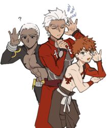 3boys ? abs archer_(fate) black_coat black_pants brown_eyes brown_pants closed_eyes coat cupping_ears dark-skinned_male dark_skin emiya_alter emiya_shirou fate/grand_order fate_(series) feet_out_of_frame hand_on_own_chin hand_on_own_elbow highres listening long_sleeves multiple_boys multiple_persona nikumiso000 pants red_coat red_hair sash senji_muramasa_(fate) short_hair simple_background tan v-shaped_eyebrows very_short_hair white_background white_sash