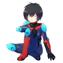 Rule 34 | 1girl, aged up, alternate costume, angry, annoyed, aqua bodysuit, black bodysuit, black eyes, black gloves, black hair, blue bodysuit, bodysuit, breasts, closed mouth, commentary, covered navel, film grain, funakingyo, gloves, hand on ground, hand on own knee, highres, indian style, knee up, looking at viewer, marvel, medium breasts, multicolored bodysuit, multicolored clothes, on ground, parted lips, peni parker, pilot suit, pursed lips, red bodysuit, short hair, sitting, skin tight, small breasts, solo, sp//dr, spider-man (series), spider-verse, v-shaped eyebrows