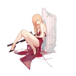Rule 34 | 1girl, against pillar, against wall, ask (askzy), ass, assault rifle, bare legs, bare shoulders, blonde hair, braid, breasts, bullpup, cleavage, closed mouth, dress, earrings, from side, full body, girls&#039; frontline, gun, halterneck, high heels, holding, jewelry, long hair, looking at viewer, official alternate costume, official art, ots-14 (girls&#039; frontline), ots-14 (ruler of the banquet) (girls&#039; frontline), ots-14 groza, parted lips, pillar, red dress, rifle, scope, small breasts, solo, suppressor, torn clothes, torn dress, transparent background, weapon, yellow eyes