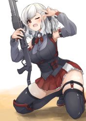 Rule 34 | 1girl, ;d, black footwear, black ribbon, black thighhighs, blouse, breasts, brooch, collared shirt, combat shotgun, commentary, curvy, detached sleeves, dual-mode shotgun, frilled skirt, frills, full body, garter straps, girls&#039; frontline, grey shirt, grey sleeves, gun, hair ribbon, highres, holding, holding gun, holding weapon, jewelry, kakimoto nao, knee pads, kneeling, large breasts, leaning to the side, looking at viewer, medium hair, miniskirt, neck ribbon, one eye closed, open mouth, pleated skirt, pump-action shotgun, pump action, red eyes, red ribbon, red skirt, ribbon, semi-automatic firearm, semi-automatic shotgun, shirt, shoes, shotgun, silver hair, skindentation, skirt, sleeveless, sleeveless shirt, smile, solo, spas-12, spas-12 (girls&#039; frontline), swept bangs, thigh strap, thighhighs, two side up, v, weapon, white background